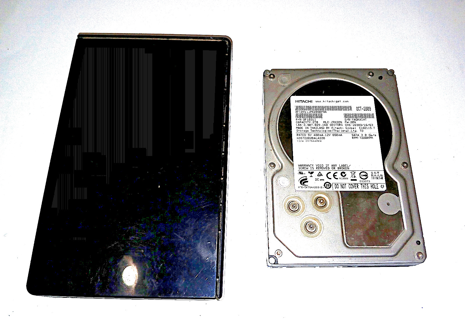 2 USED, HITACHI AND CAVALRY 2TB INTERNAL AND EXTERNAL HARD DRIVES. YOU GET BOTH