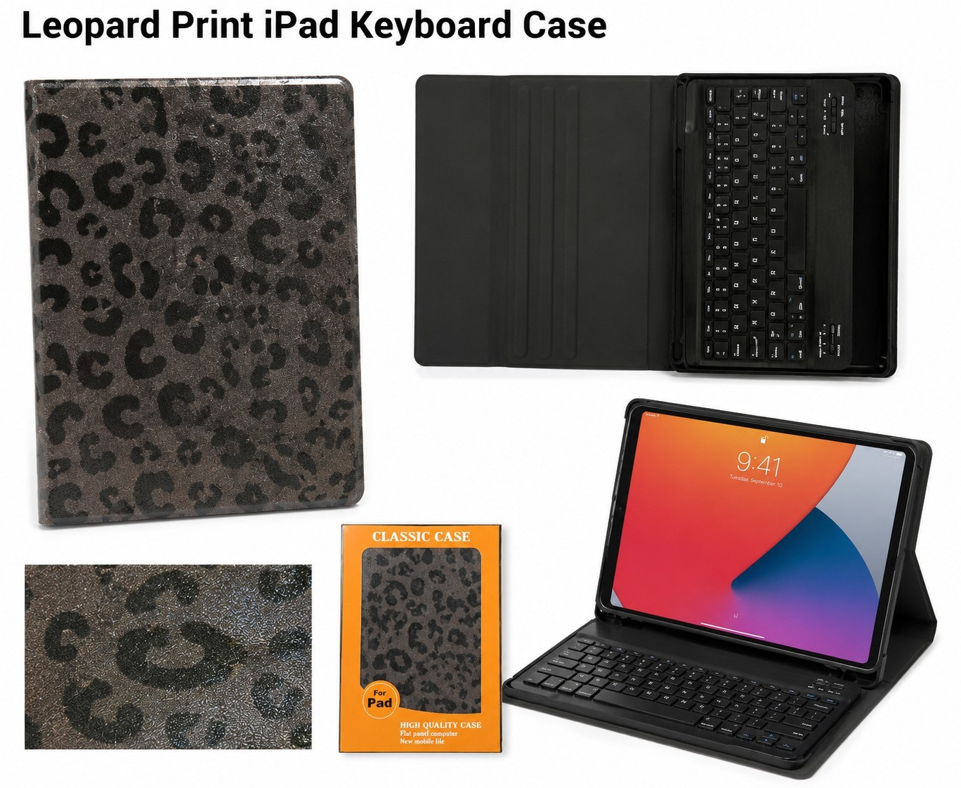 Leopard Print Keyboard Folio Stand Case for Apple iPad 9th GEN 10.5in Black/Gray