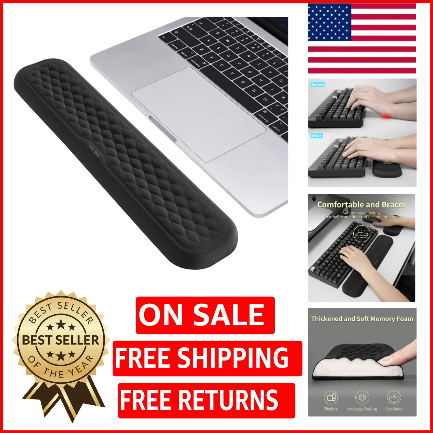 Sleek 14.17" Memory Foam Hand Rest for Office & Gaming - Black Comfort Support