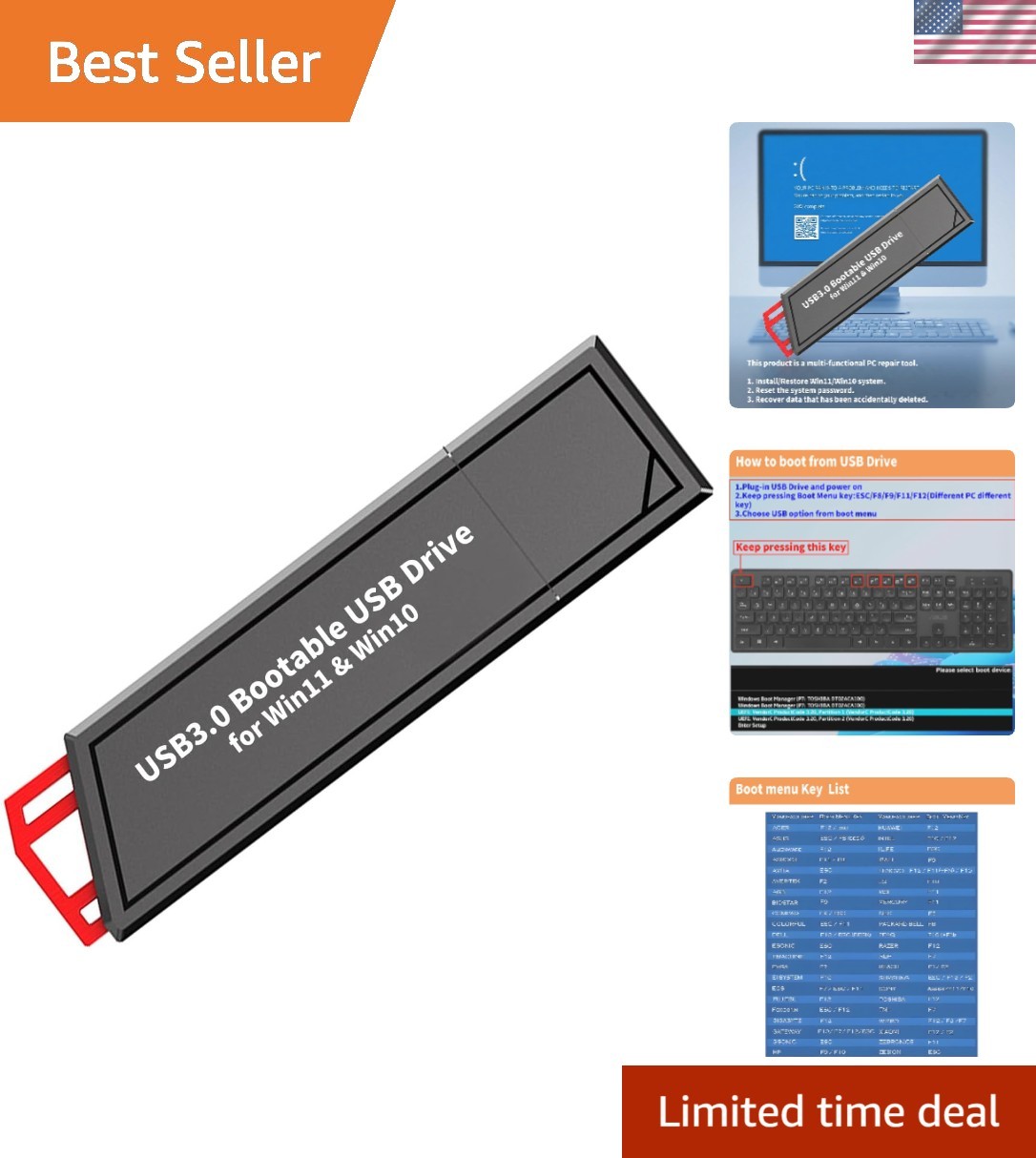 32GB Bootable USB Drive 3.0 for Quick Windows 11/10 Installation & Recovery
