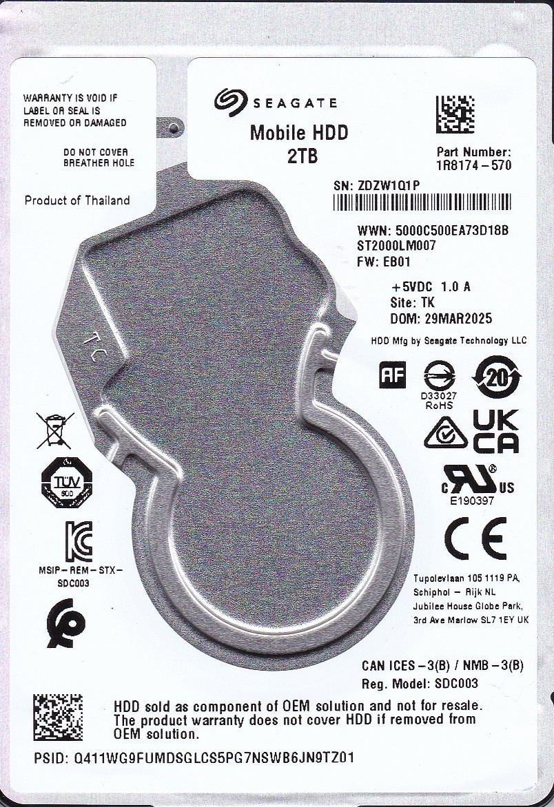ST2000LM007 p/n: 1R8174-570 f/w: EB01 s/n: ZDZW TK MAR/2025 2TB SATA 2.5 SEAGATE