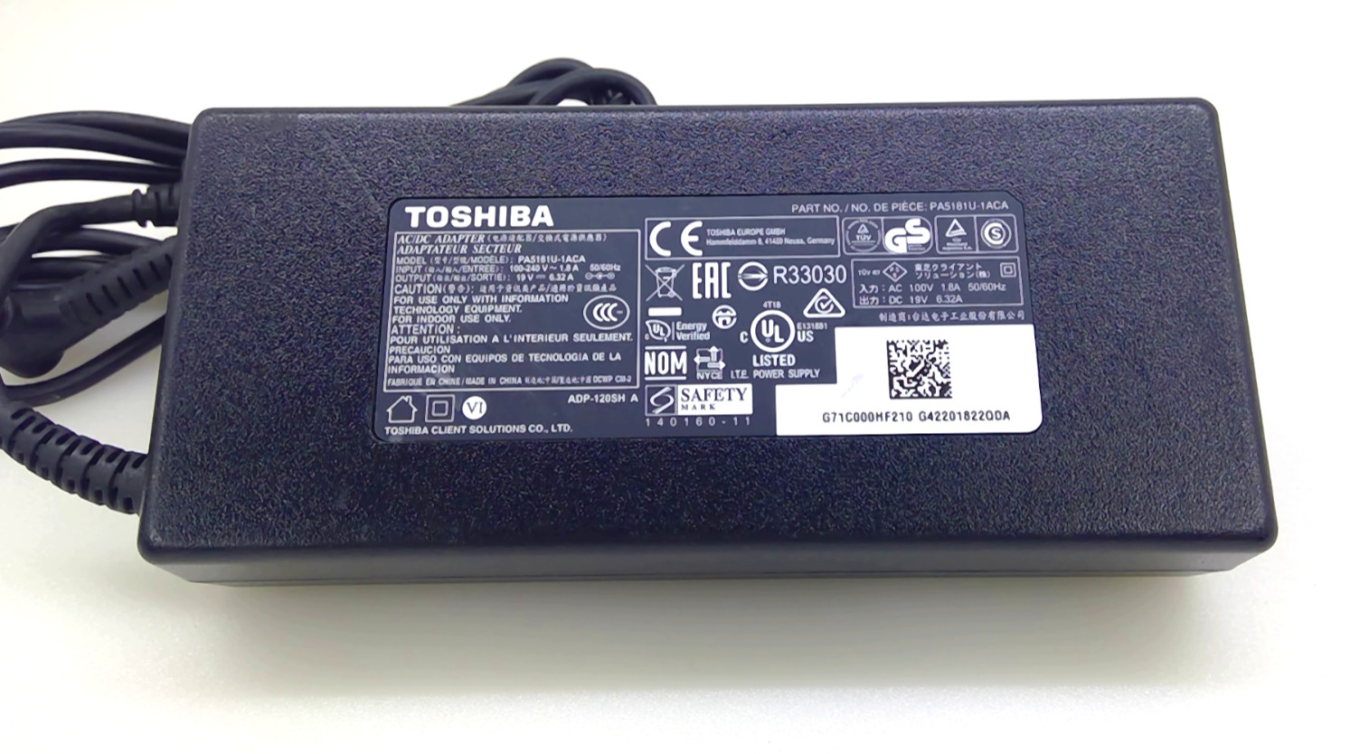 Genuine Toshiba 120W 19V 6.32A AC Adapter Charger PA5181U-1ACA w/Power Cord