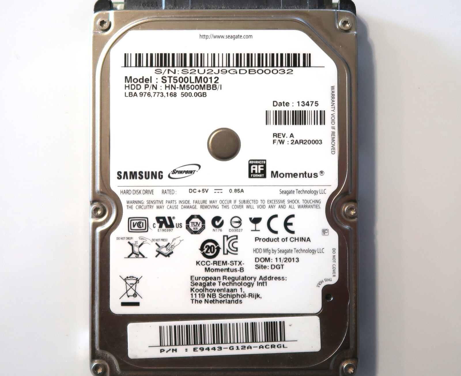Samsung ST500LM012 HN-M500MBB/I 2AR20003 E9443-G12A 500gb 2.5" Sata 11/2013