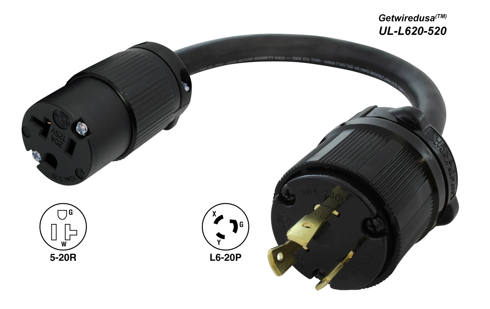 208-240 Volt to 110-120 Volt adapter Twist Lock L6-20P to NEMA 5-20R