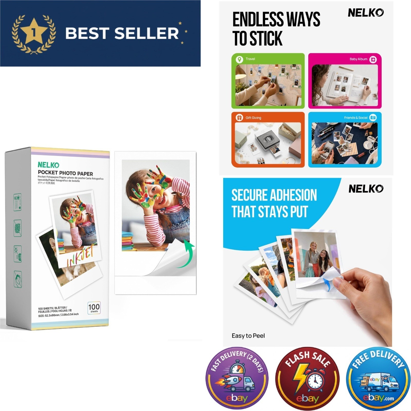 Nelko 2x3 Sticky-Backed Photo Paper 100 Sheets White Self-Adhesive PP01