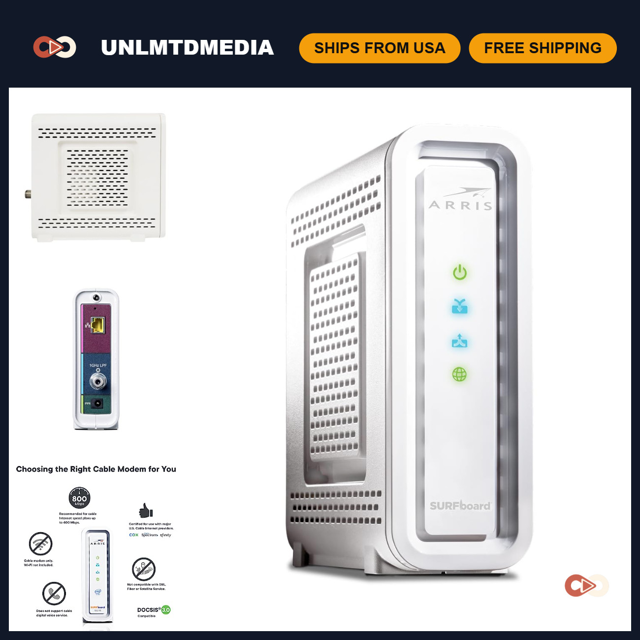 High-Speed DOCSIS 3.0 Cable Modem 32x8, 1 Gbps Port, 800 Mbps Max Speed, Renewed