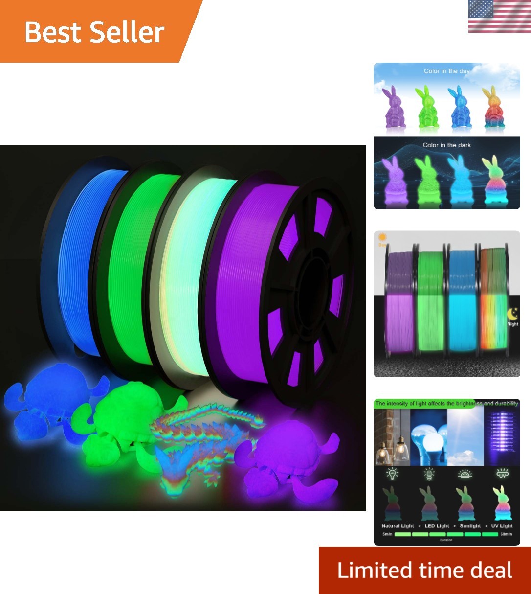 3D Printer Filament Bundle, Glow in The Dark Filament Multicolor, Green, Blue...