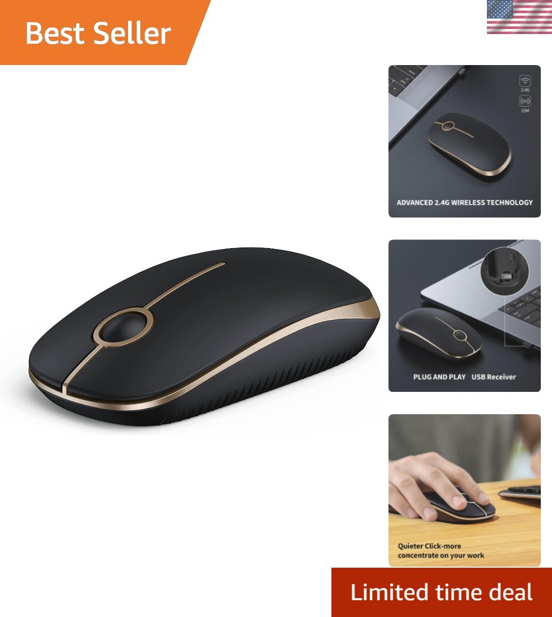 Ultra-Slim Black and Gold Wireless Mouse with Quiet Clicks and High Sensitivity