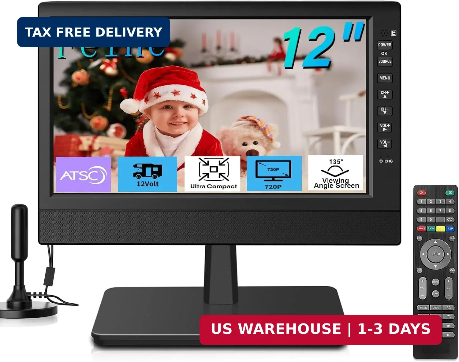 Feihe 12 Inch Small TV, Portable TV with HD Display, Antenna,HDMI,AV,USB Ports,