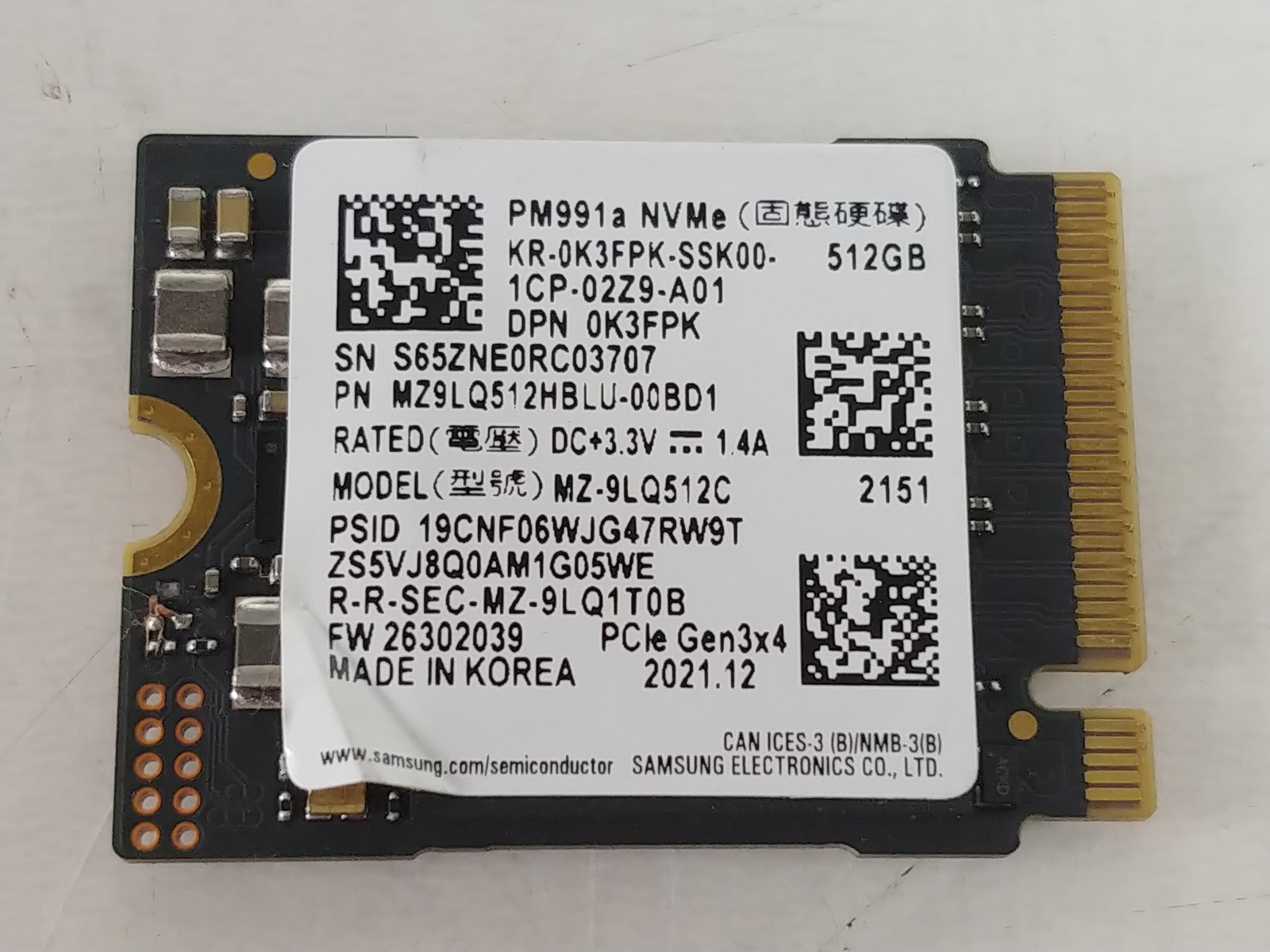 Samsung PM991a MZ-9LQ512C 512 GB NVMe 30mm Solid State Drive