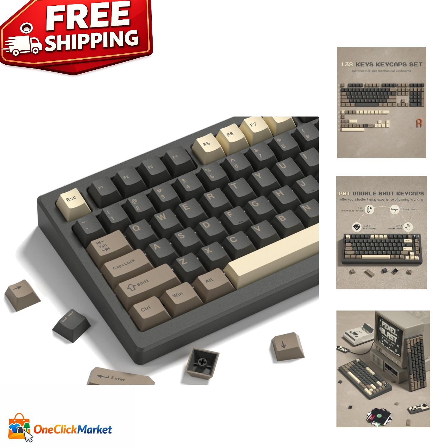 Retro Cherry Profile Keycaps 138 Set - Durable Doubleshot PBT in Brown Grey