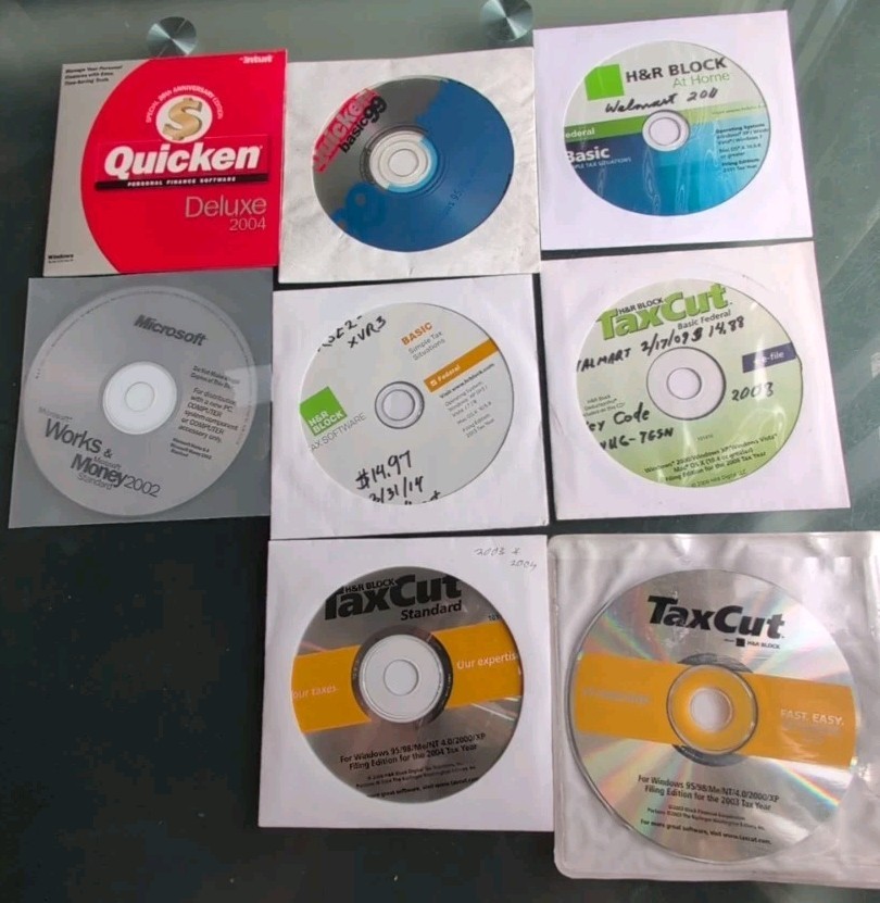 Lot of 8 CD - Microsoft Office 97 Quicken Deluxe 2004 Basic 99 H&R TaxCut + More