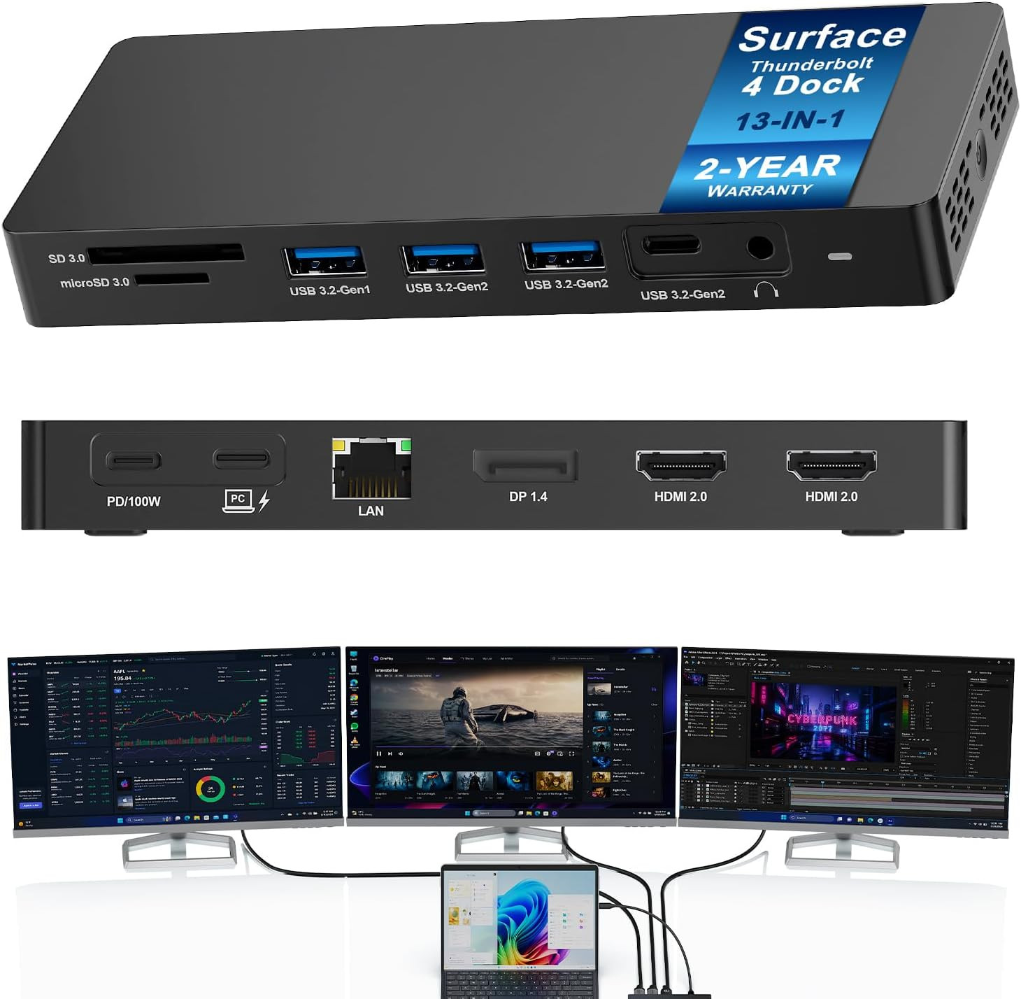 Surface Thunderbolt 4 Dock 13 in 1 Triple Displays Dual Hdmi+Displayport