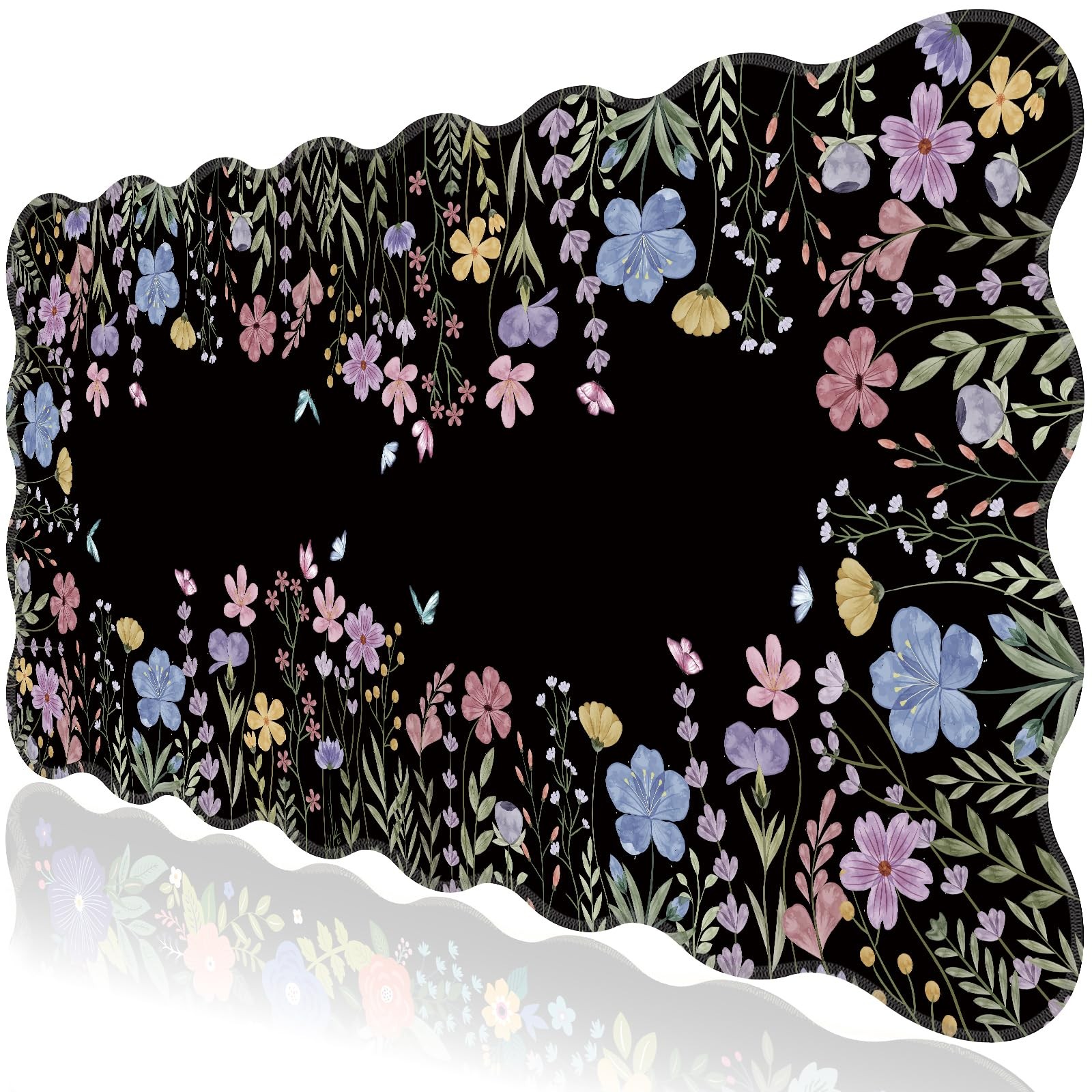 Black Floral Mouse Pad,Scalloped Desk Mat XXL Gaming Mousepad