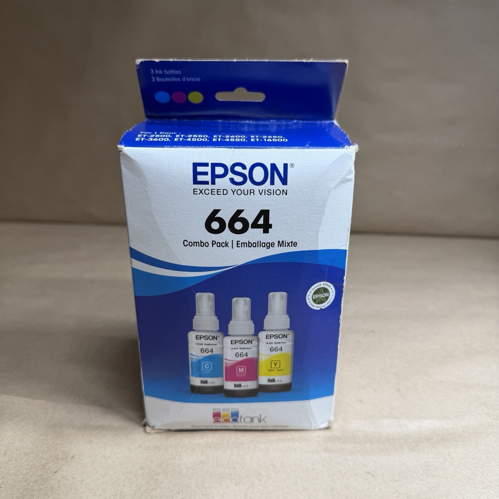 Epson 664 EcoTank Color Ink Cyan Magenta Yellow 3 Bottles Combo Pack Exp 02/2025
