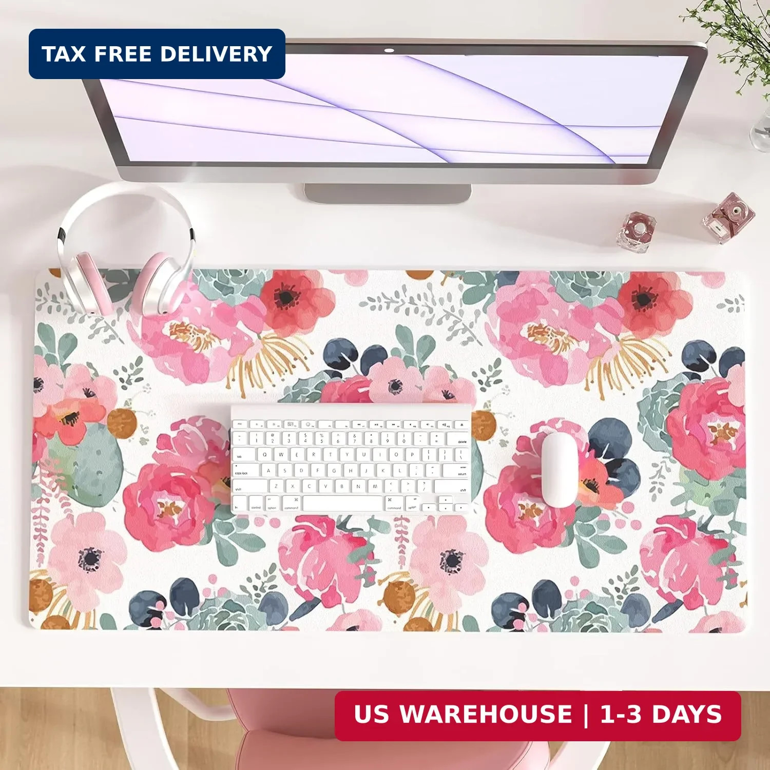 QIYI PU Leather Large Mouse Pad, Waterproof Desk Mat, 31.5" x 15.7", Peony
