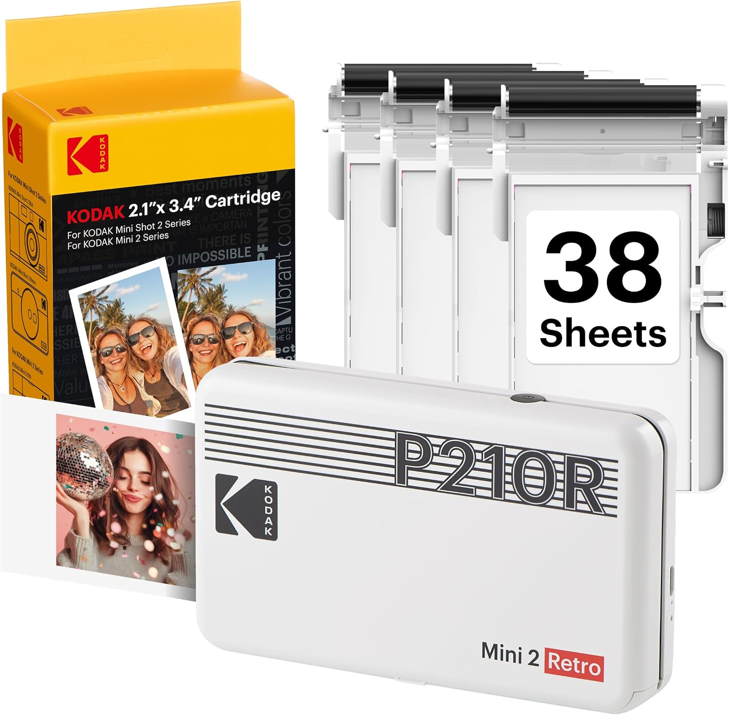KODAK Mini 2 Retro 2X3 Portable Photo Printer, 4PASS, 38 Sheets, White |