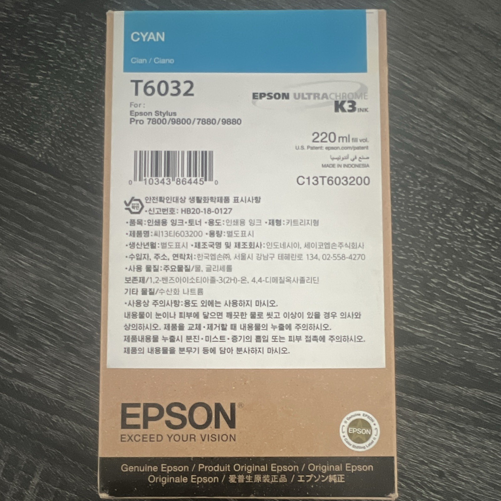 Epson Genuine T6032/C13T603200 Cyan Ink 220ml for Stylus Pro 7800/9800