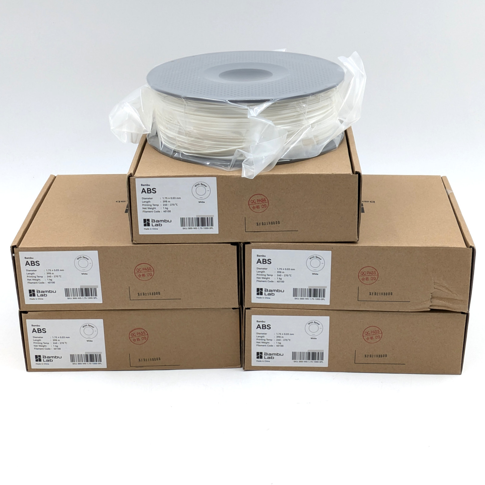 Bambu Lab ABS 3D Printer Filament 1.75mm 398m 240-270°C | White | Lot of 5