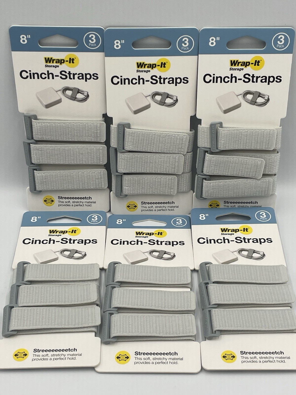 6 packs Wrap-It 8” Cinch-Straps for Cables - 3 per pack x 6 (18 total) Gray NEW