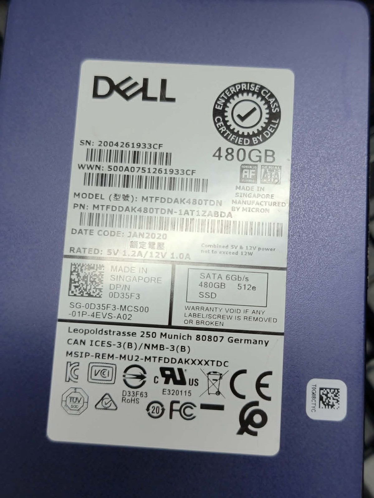 Dell D35F3 MTFDDAK480TDN 480GB 6Gbps 3D TLC 512e SATA 2.5" SSD