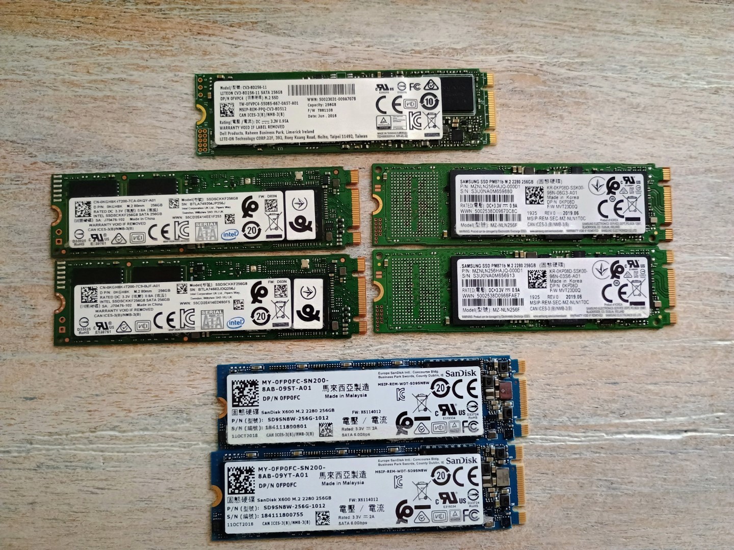 Mixed LOT of 7 Intel, Samsung,  LiteOn, SanDisk M.2 SATA 256GB. OVER 95% HEALTH