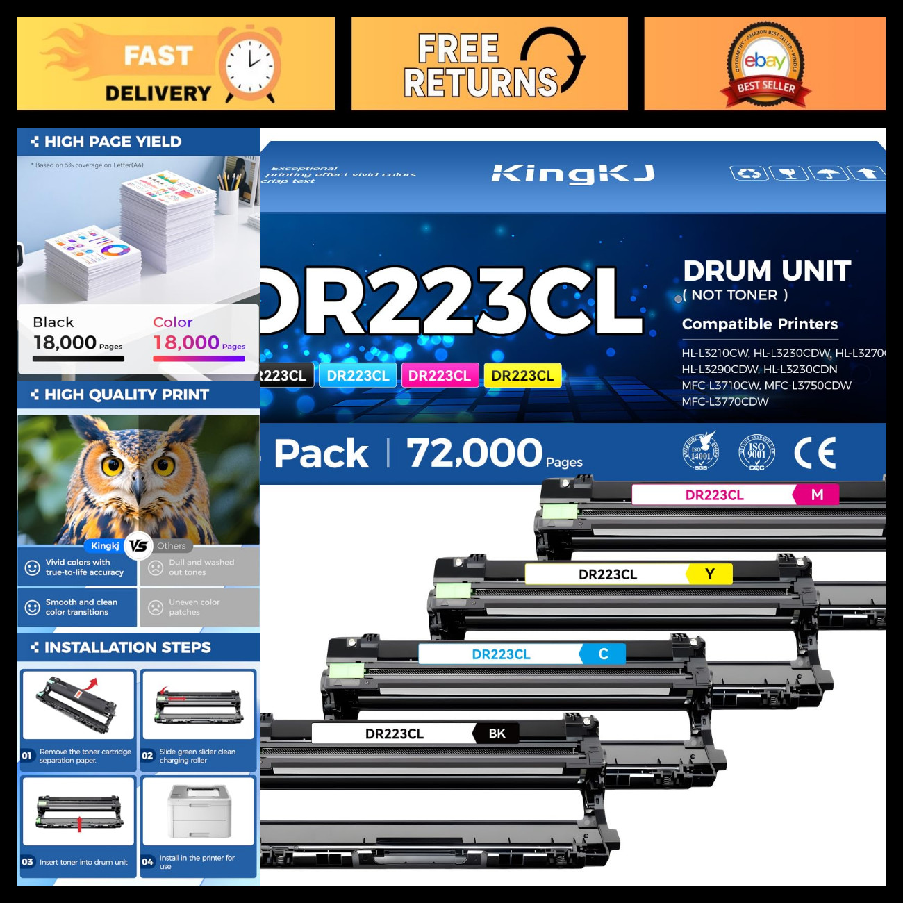 4-Pack Imaging Drum Unit Replacement Compatible for Brother DR-223CL HL-L3270CDW