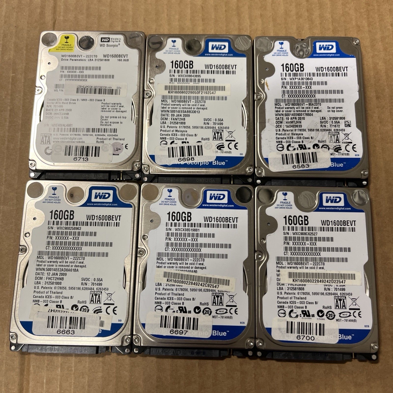 6-pack LOT WD Scorpio Blue WD1600BEVT 160GB 5400RPM 2.5" SATA Laptop Hard Drive