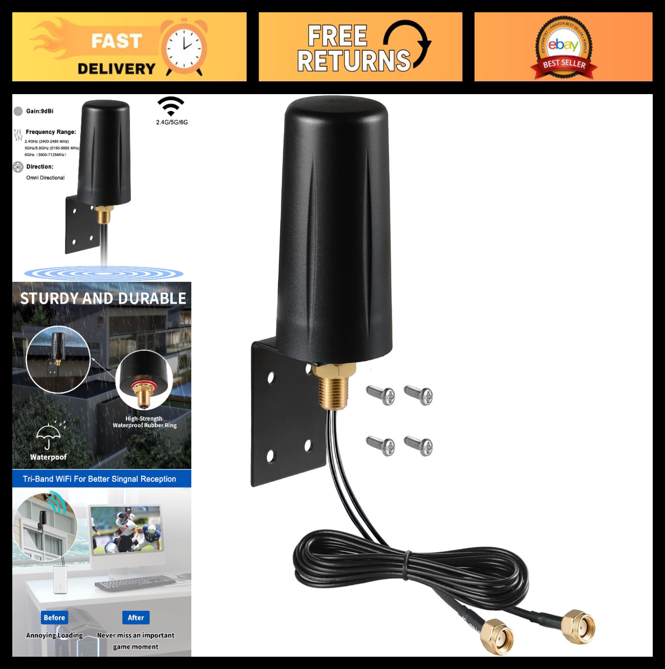 High-Gain 9dBi Tri-Band Wall Mount Antenna for WiFi 6/6E Router & Security Camer