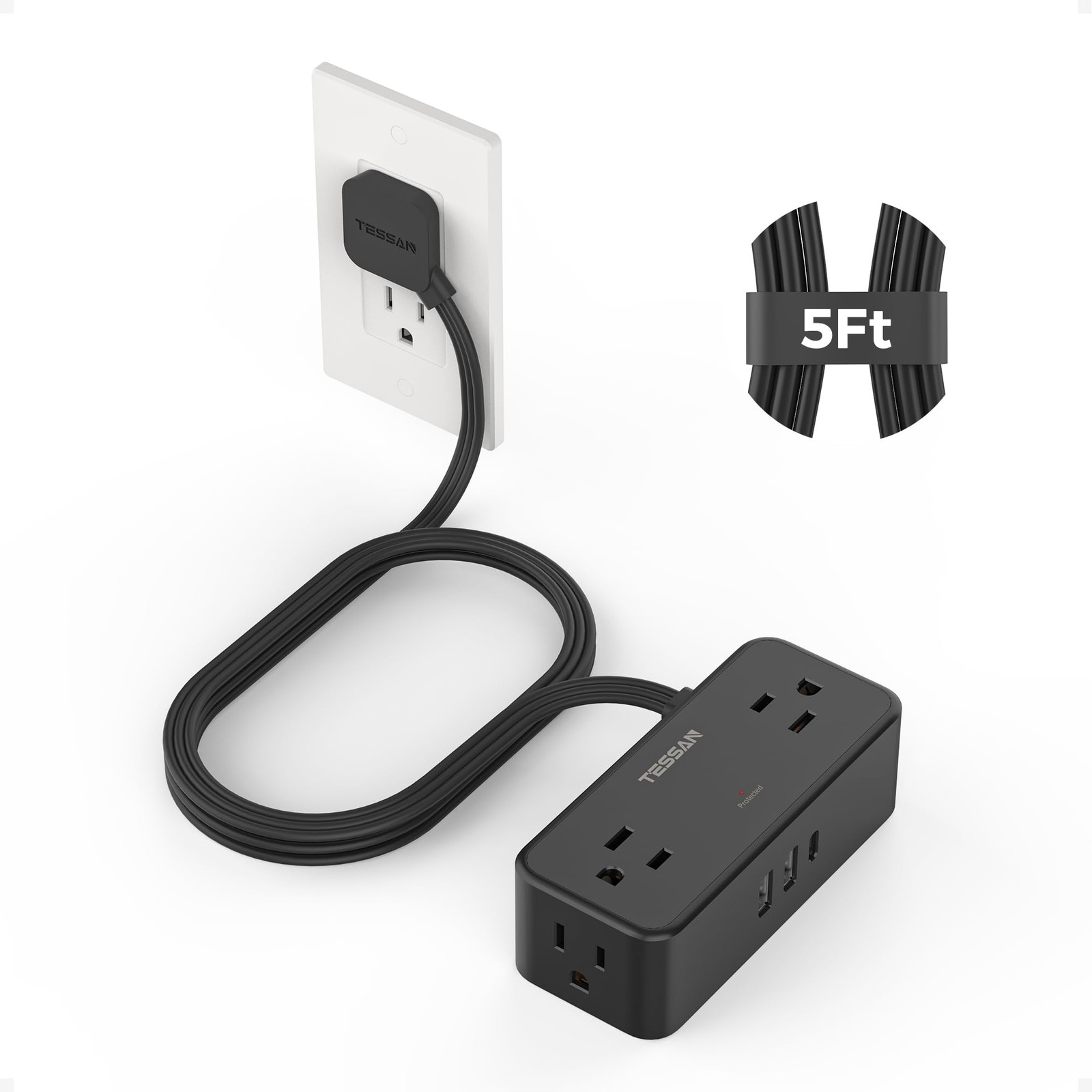 Tessan Flat Plug Extension Cord 5 Ft Surge Protector Power Strip 4 Ac Outlets 1