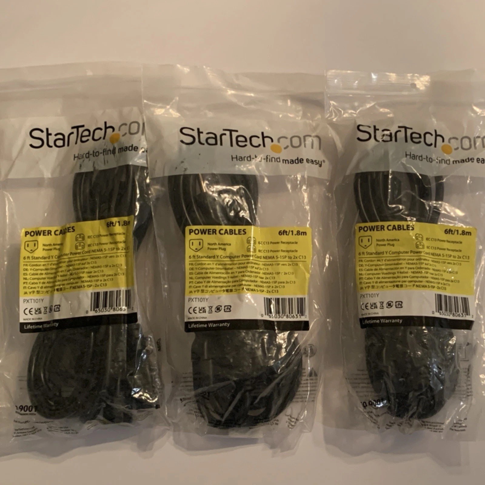 LOT of 3 x StarTech 6ft Y Power Cable NEMA 5-15P to 2x C13 Black PXT101Y