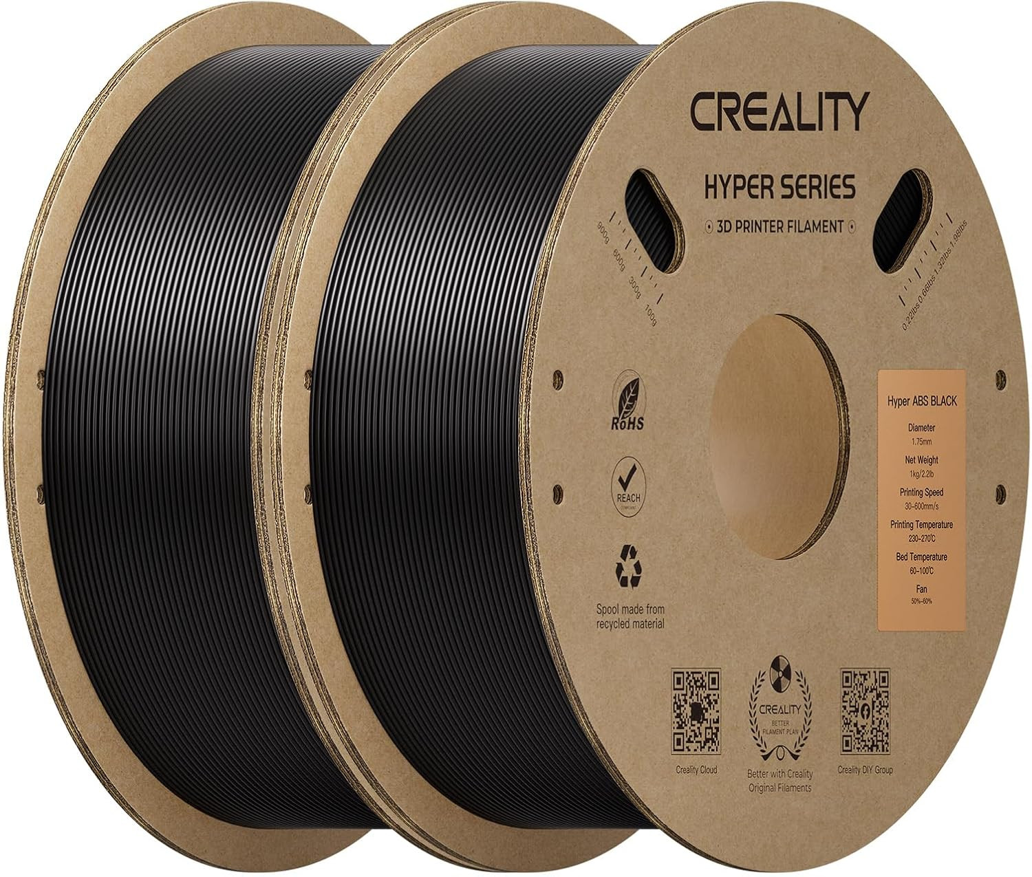 Hyper ABS Filament 1.75Mm, Black, 2-Pack, 2KG