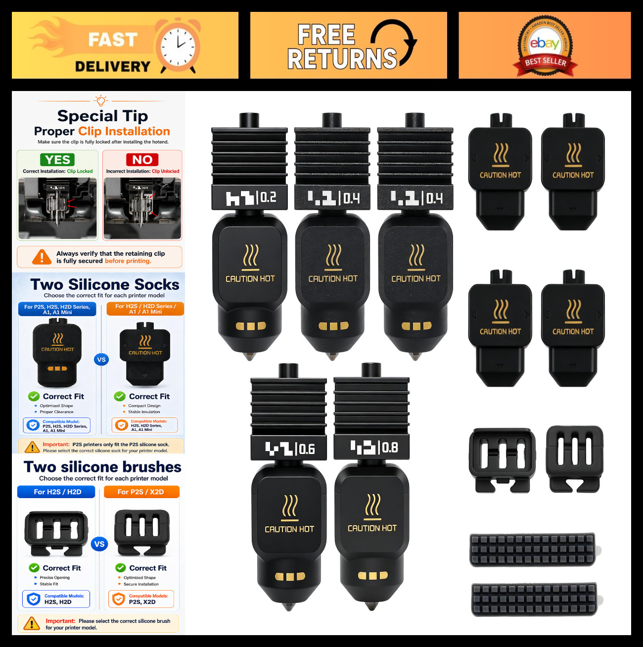 5 Pack Hotend Nozzle Kit 0.2/0.4/0.6/0.8MM for 3D Printers, Hardened Steel Quick