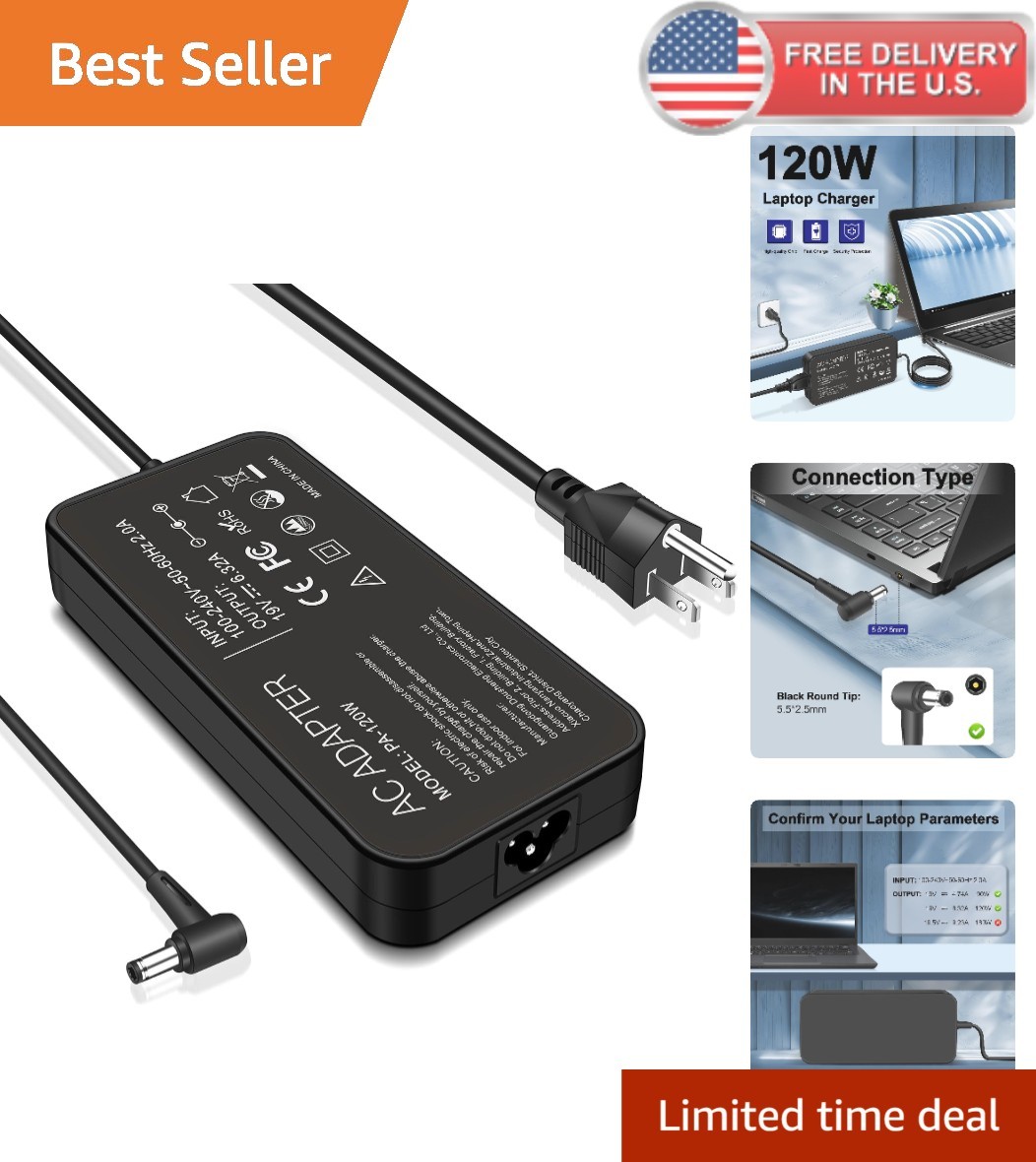 120W Laptop Charger with 5.5x2.5mm Tip - Fast Charging for Gaming Laptops