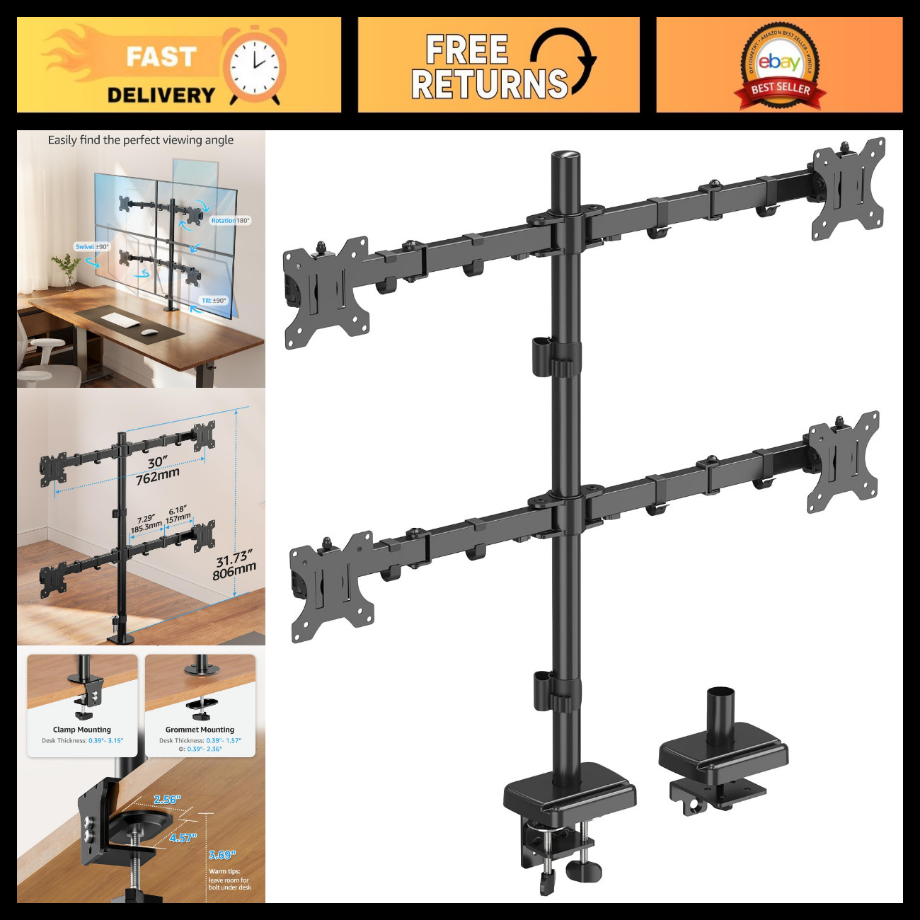 Quad Monitor Stand for 17-32" Screens, Fully Adjustable Desk Mount, Tilt & Swive