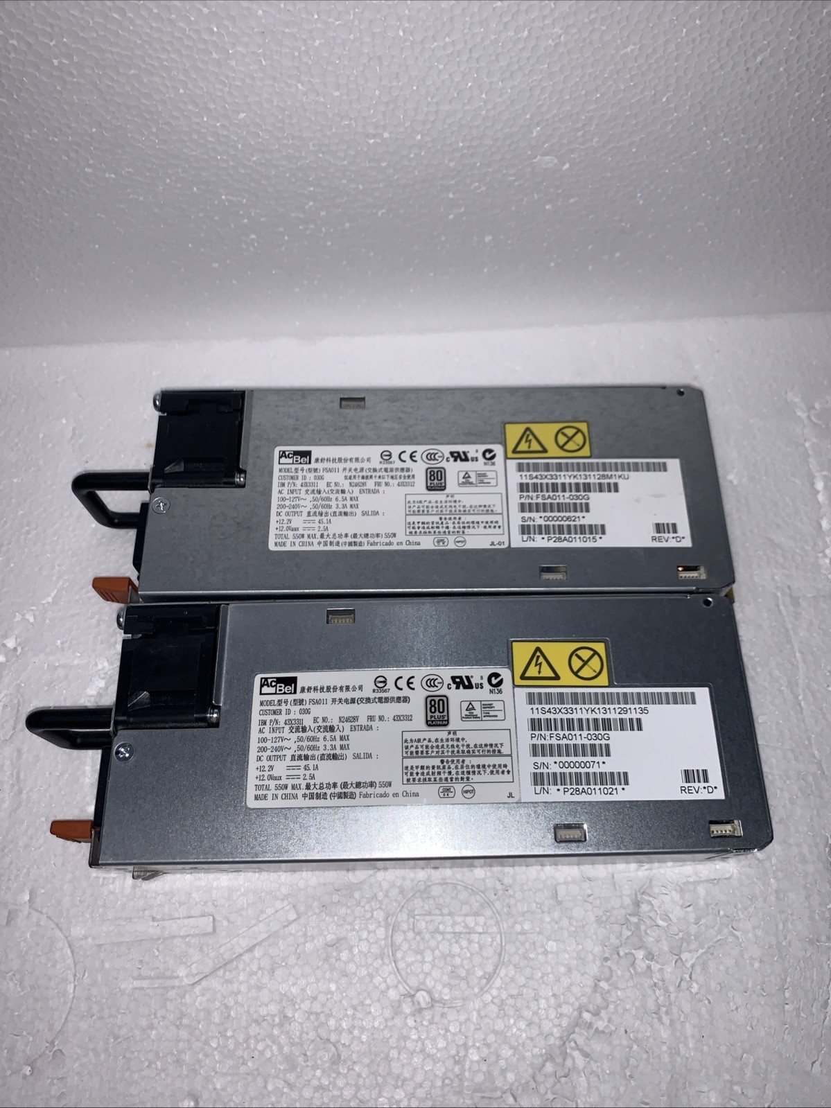 LOT OF 2  IBM 94Y8109 550W 43X3312 43X3311  POWER SUPPLY  P/N: FSA011-030G