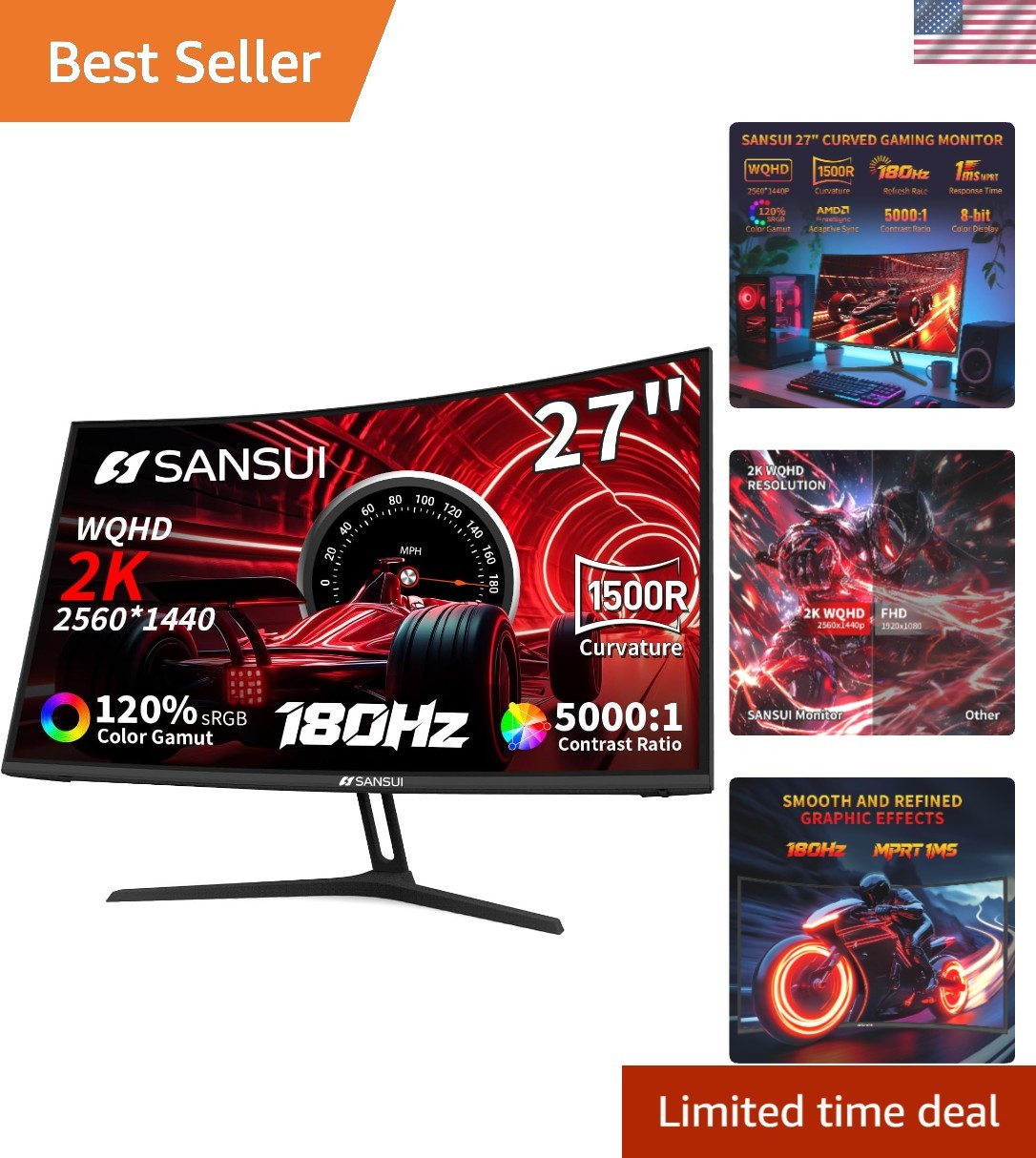SANSUI 27 Inch WQHD 2560X1440 Curved Gaming Monitor, 180Hz MPRT 1ms Computer...