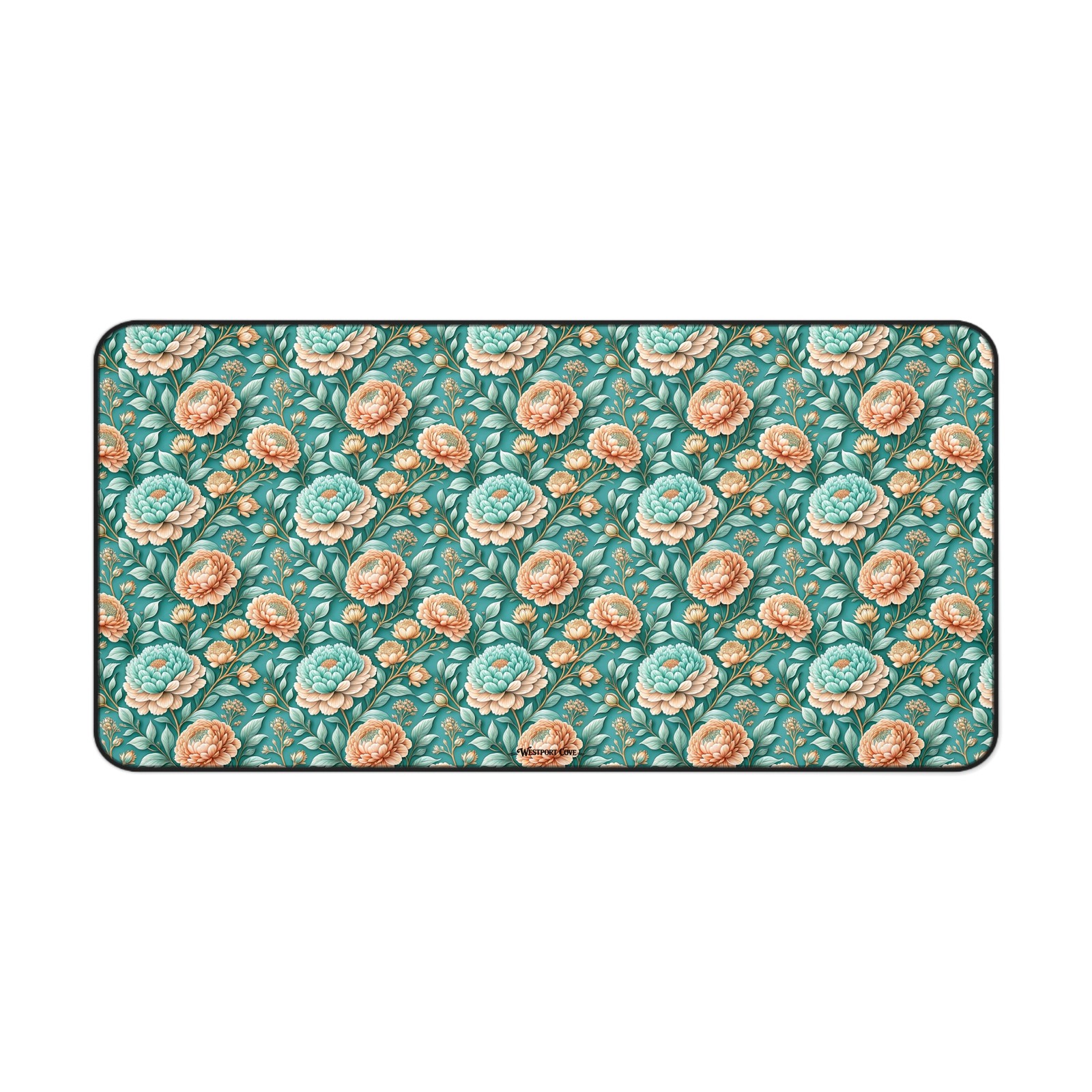 Teal Peony Desk Mat — Vintage Garden Mouse Pad Surface
