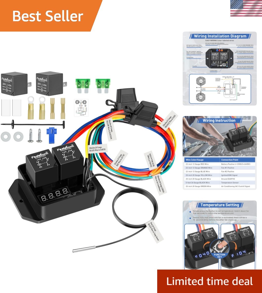 Digital Radiator Fan Switch Kit 12V/24V, Adjustable 104°F-230°F w/Dual Electr...