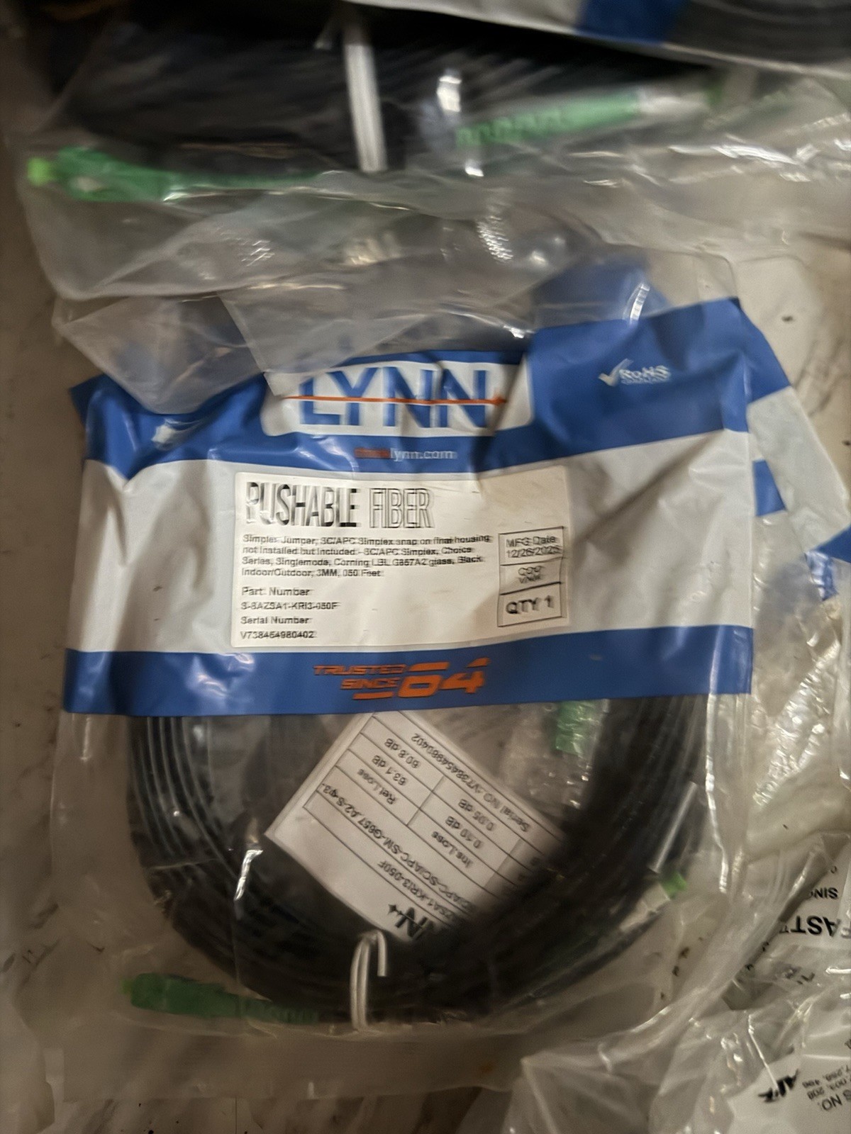 LYNN Pushable Fiber Optical Network Cable SC/APC-SC/APC Simplex 50 ft Black