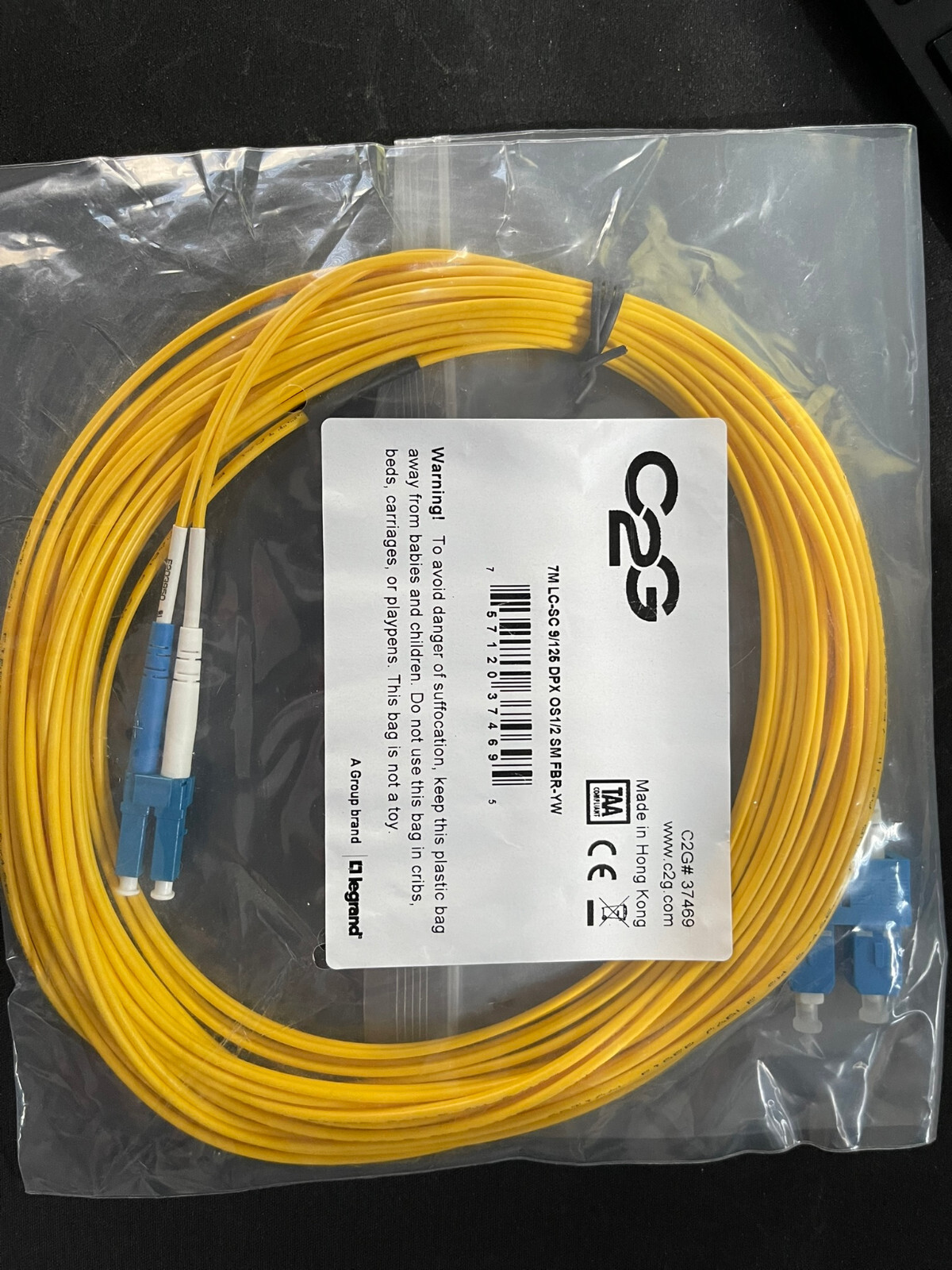 C2G Fiber Optic Patch Cable 7m LC-SC 9/125 DPX OS1/2 SM FBR-YW **NEW**