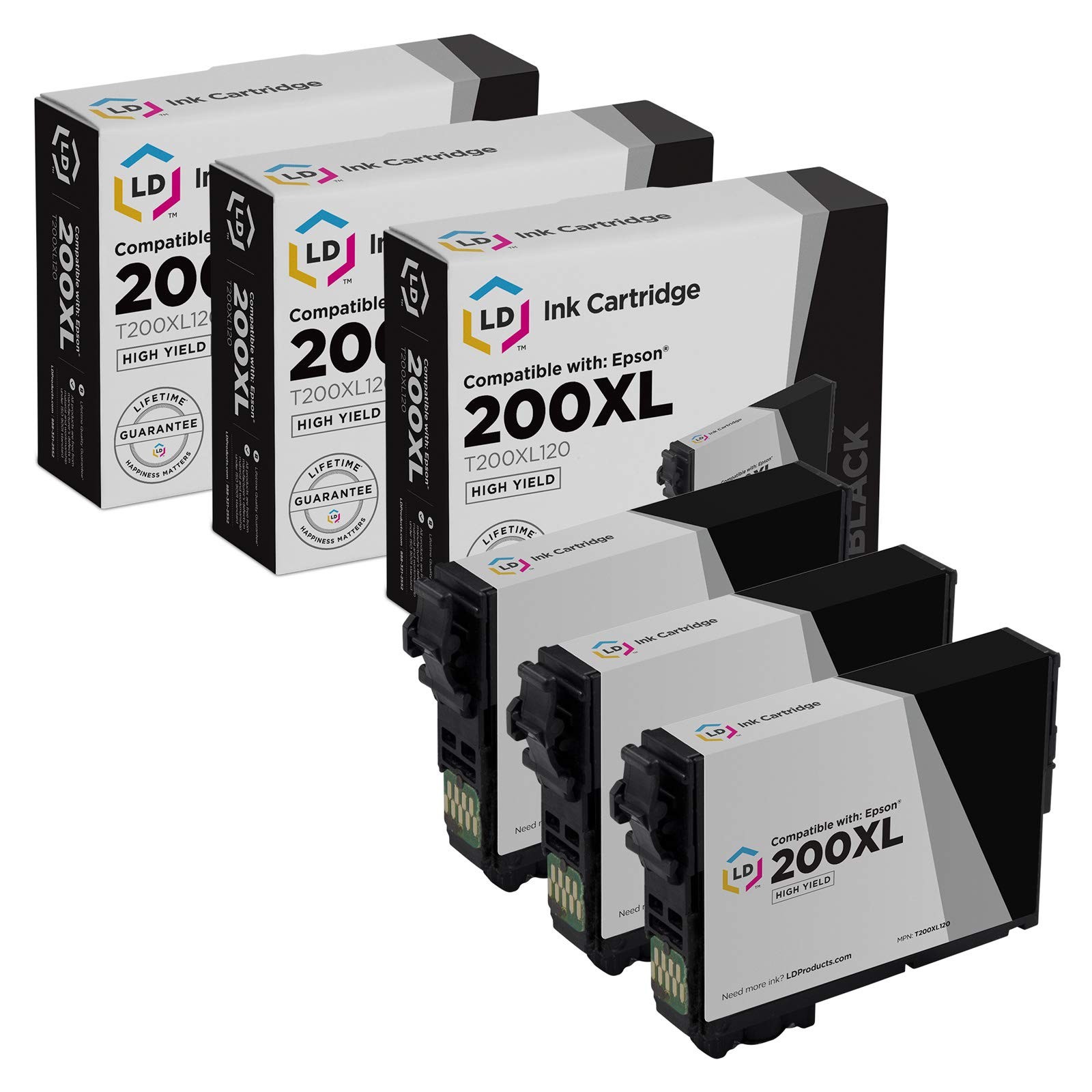 LD Replacement Ink for Epson 200XL 200 XL T200XL120 High Yield (Black, 3-Pack)