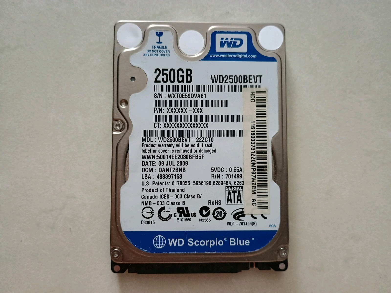 Western Digital 250 GB Internal Hard Drive 5400RPM 2.5" (WD2500BEVT) HDD