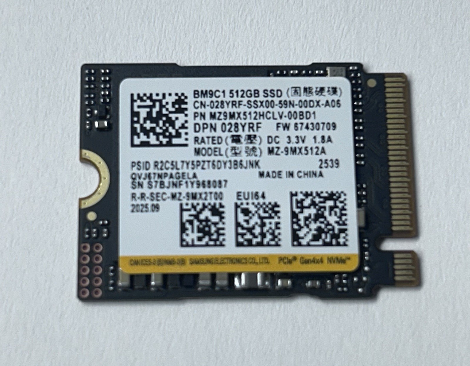DELL OEM SAMSUNG M.2 512GB INTERNAL SSD BM9C1 MZ-9MX512HCLV PCIe GEN4 LAPTOP