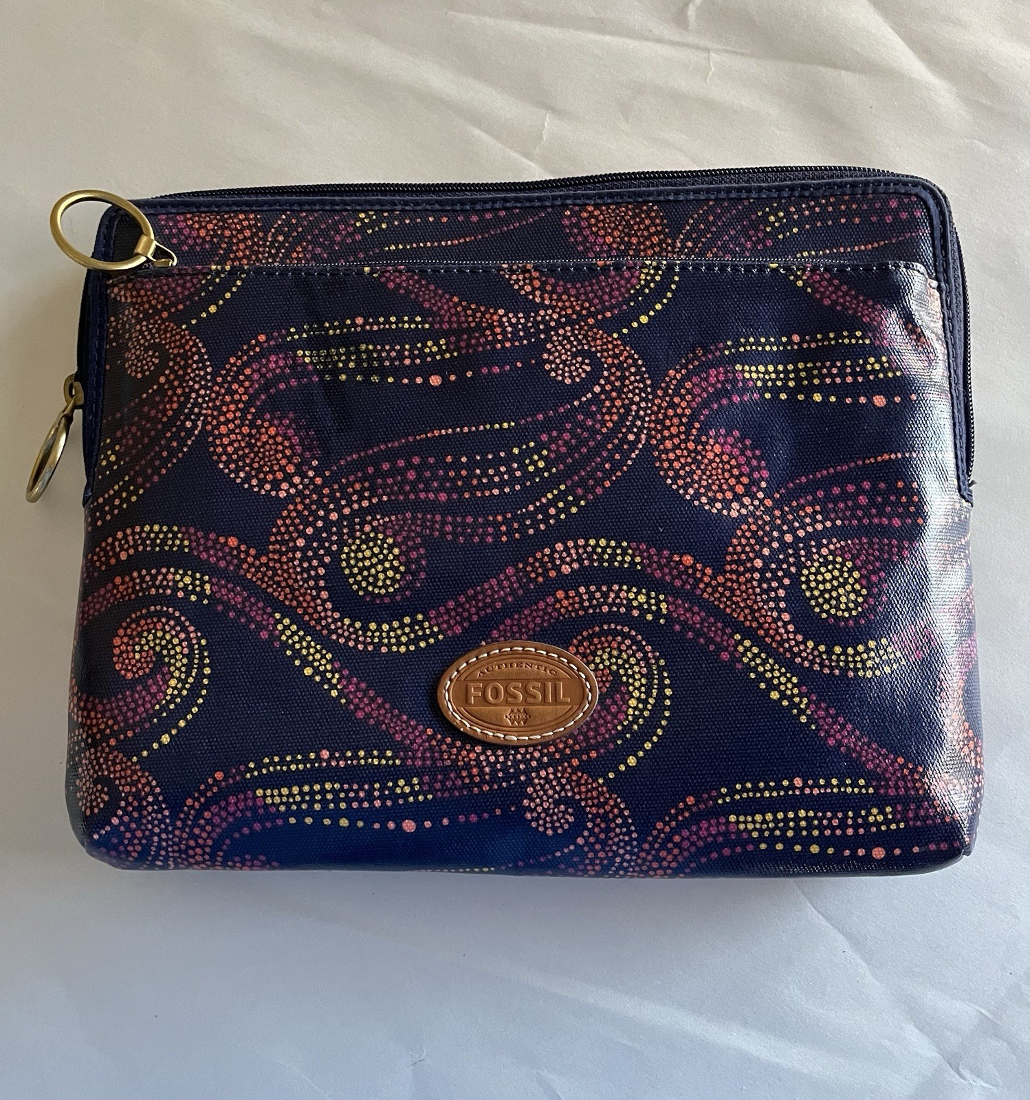 NWT Fossil Tablet iPad Kindle Key Per Navy Blue Nights Dots Coated Canvas Bag