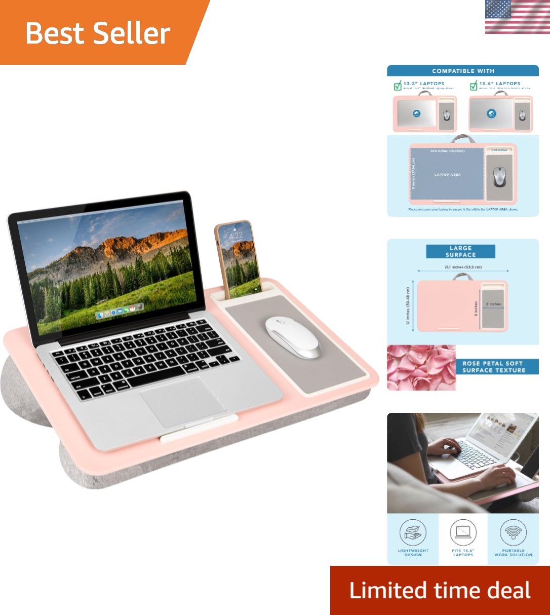 Spacious Blush Pink Lap Desk with Mouse Pad & Phone Slot – Fits 15.6" Laptops