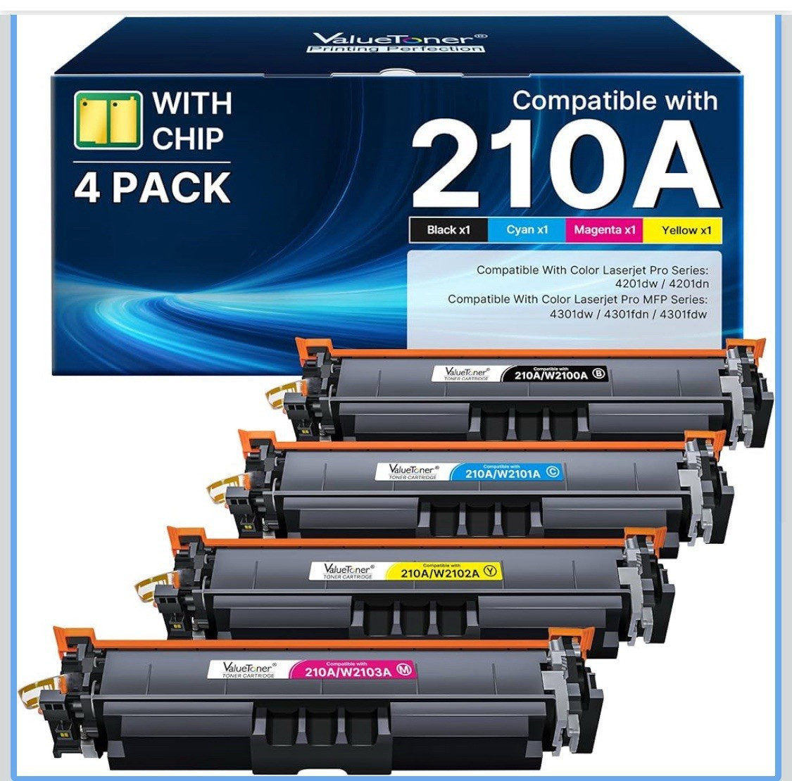 ValueToner 210A Compatible Toner 4-Pack BK/C/M/Y w/ Chip for HP 4201/4301