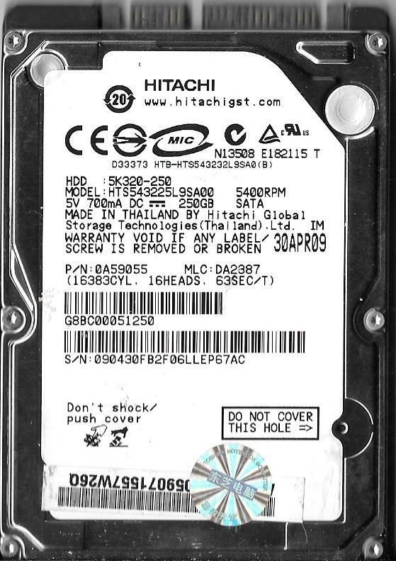 Hitachi HTS543225L9SA00 250GB Sata Hard Drive P/N: 0A59055 MLC: DA2387