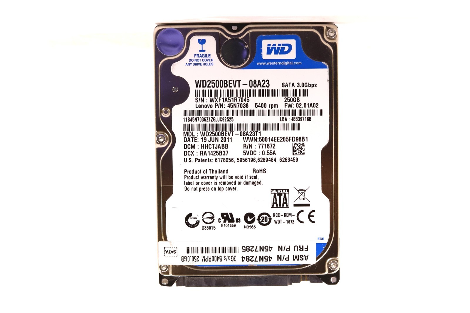 Lenovo WD2500BEVT-08A23 250GB 2.5" 3Gb/s 5.4K RPM SATA HDD FRU P/N: 45N7036