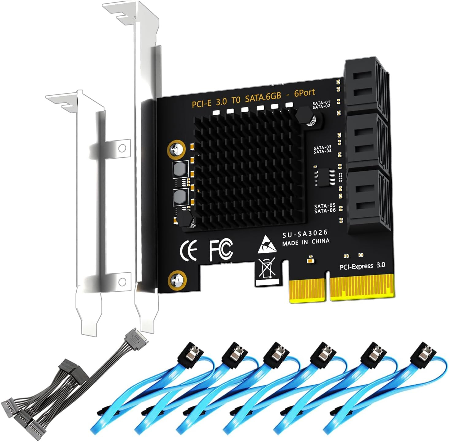 SA3026-C 6-Port Pcie X4 SATA Expansion Card with SATA and Power Cables, Compatib